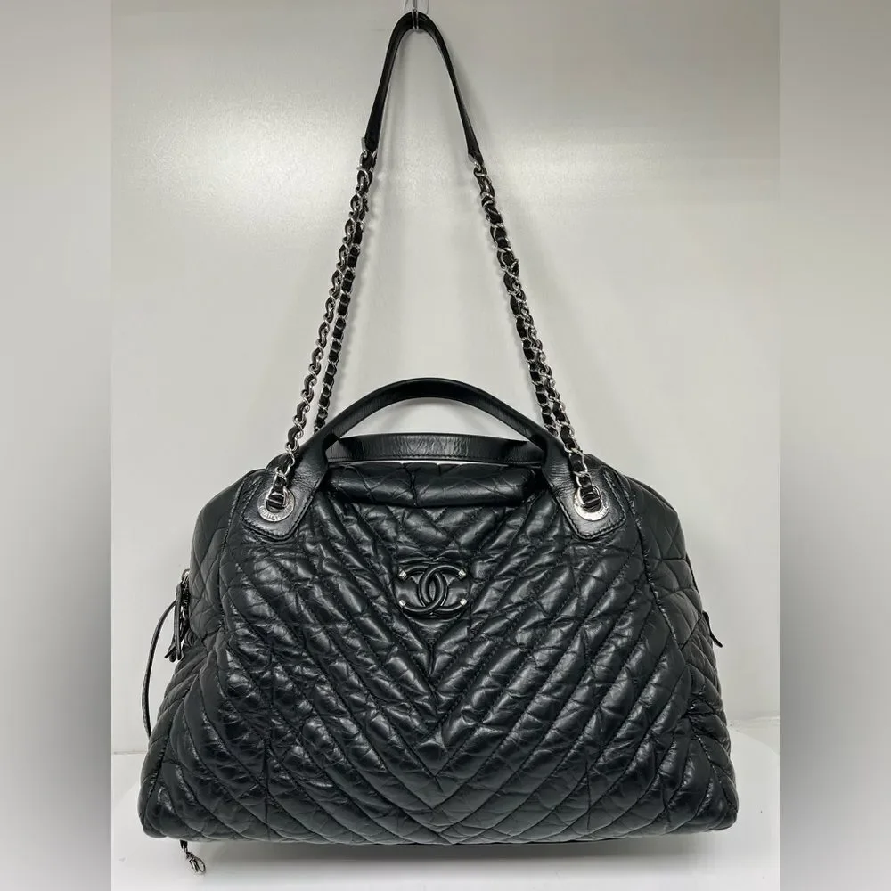 Chanel Soft Bowling Bag Chevron Aged Claf Skin Large Bag